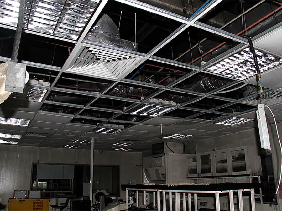 Fire-damaged laboratory ceiling
